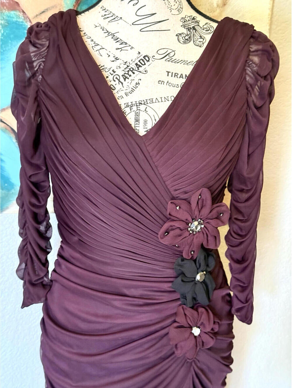 Adrianna Papell Purple Beaded Mesh Ruched Waist Evening Gown Women’s Size 4 - Picture 6 of 16